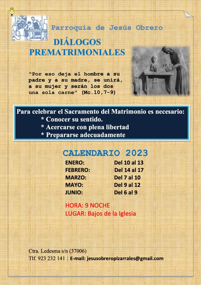 Calendario Diálogos Prematrimoniales 2023 Parroquia Jesús Obrero Salamanca